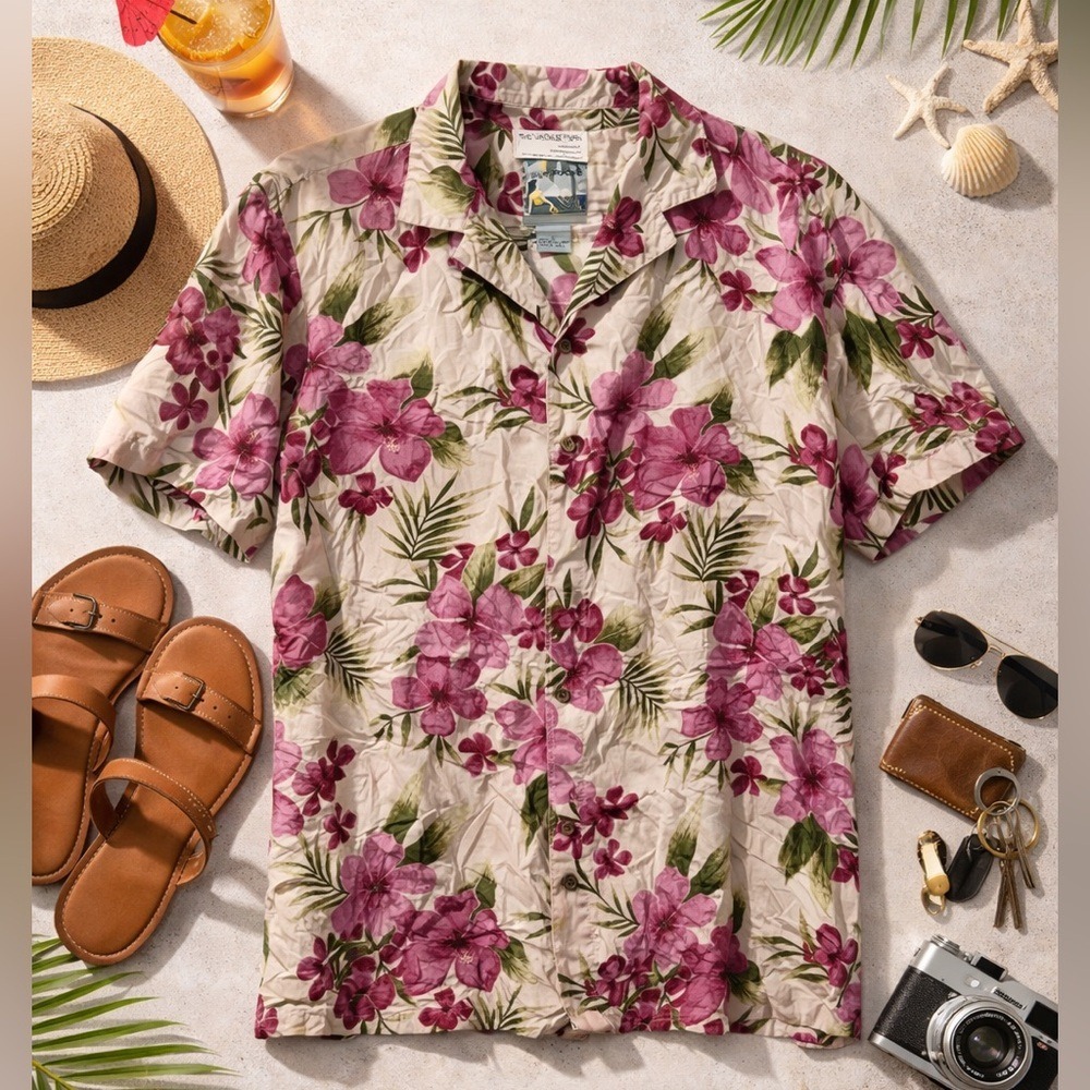 Silk Traders Button Up Women L Tan Pink Floral Tropical Silk Hawaiian Shirt Boho